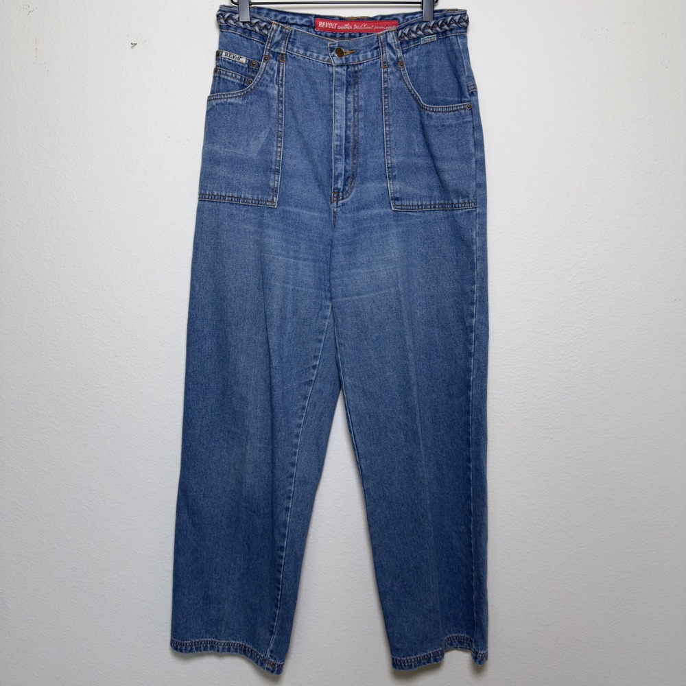 VTG 90s Revolt Women Jeans‎ Blue Bareback Braided Waist Wide Leg Carpenter Retro